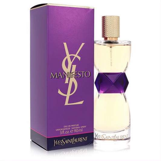 YSL Manifesto 3 oz Eau de Parfum: elegant hourglass bottle with a striking purple accent, gold cap, and matching purple box.