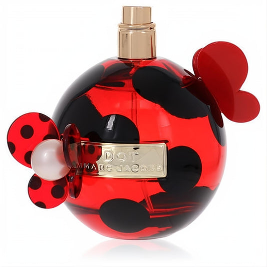 Chic Marc Jacobs Dot perfume, a round red bottle with black polka dots, gold cap, and whimsical red butterfly and floral accents.