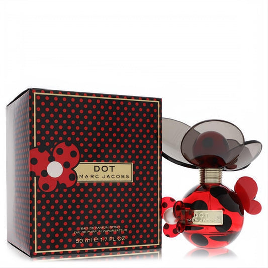 Marc Jacobs Dot 1.7 oz EDP. Iconic red polka dot bottle with playful ladybug design, clear winged cap, and matching vibrant box.