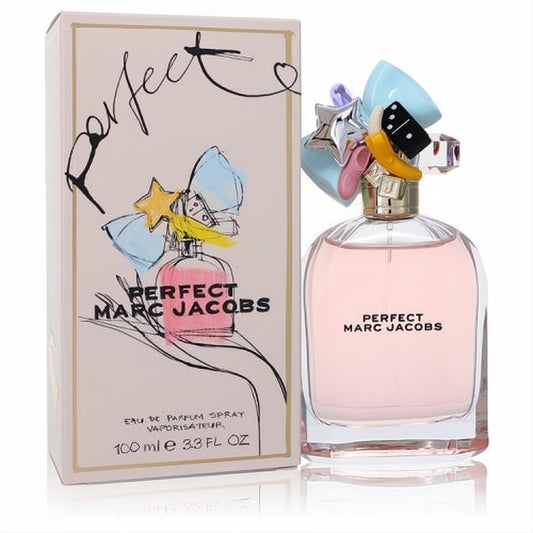 Marc Jacobs Perfect 3.3 oz EDP. Pink perfume in a clear bottle with a gold cap, vibrant charms, and its matching light pink box.