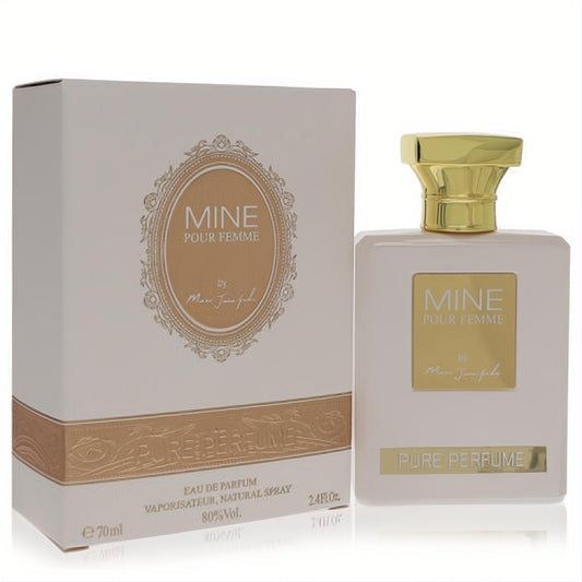 Marc Joseph Mine Pour Femme 2.4 oz women's EDP. Elegant beige bottle, gold cap, and matching box with ornate gold details.