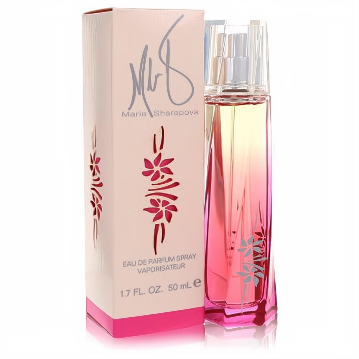 Maria Sharapova 1.7 oz EDP. Elegant pink gradient bottle with silver accents, clear cap, and a chic floral-cutout box.