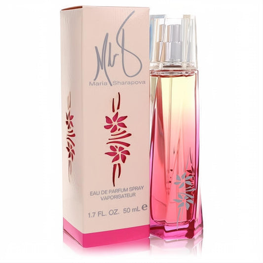 Maria Sharapova 1.7 oz EDP. Elegant pink gradient bottle with silver accents, clear cap, and a chic floral-cutout box.