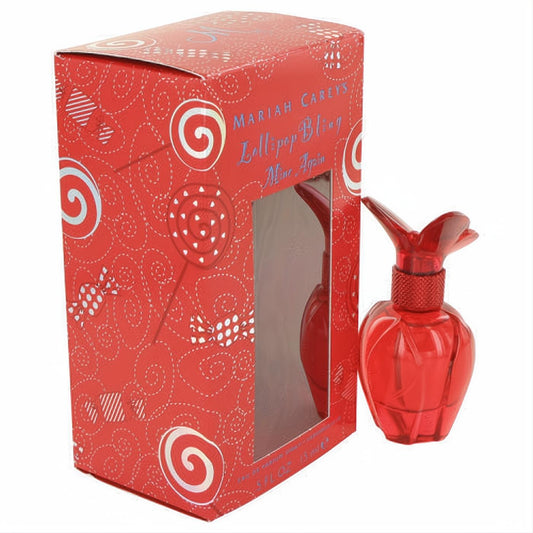Mariah Carey Lollipop Bling Mine Again .5 oz perfume. Red faceted bottle, butterfly cap, vibrant lollipop-patterned box.