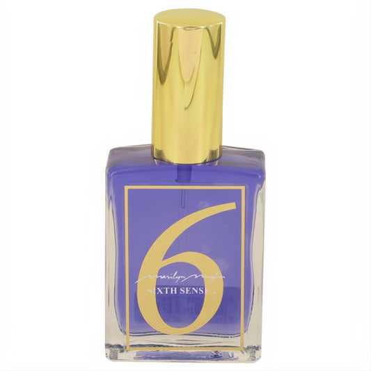 Marilyn Miglin Sixth Sense perfume in a sleek rectangular bottle with vibrant purple liquid, elegant gold cap, and bold "6" design.