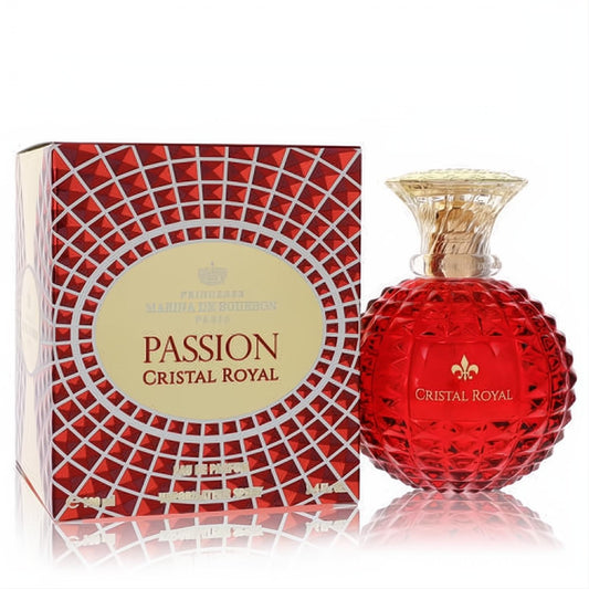 Marina De Bourbon Cristal Royal Passion 3.4 oz EDP. Striking red faceted bottle with ornate gold cap and matching red/gold box.