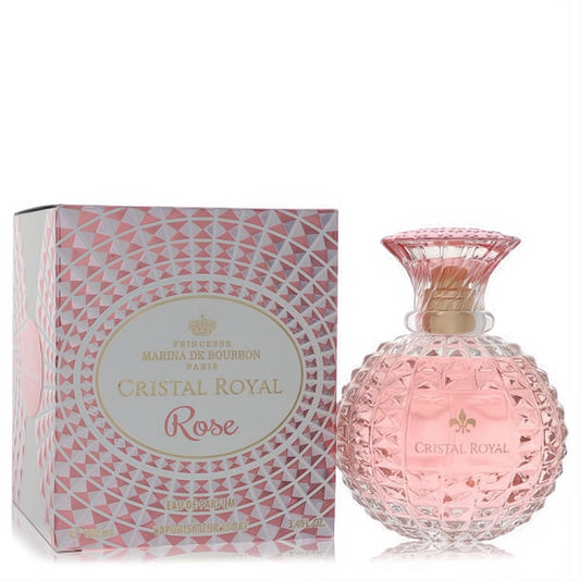 Luxurious Marina De Bourbon Cristal Royal Rose 3.4 oz EDP. Pink faceted bottle, gold accents, crown cap, and matching geometric box.