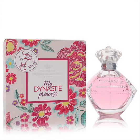 Elegant Marina De Bourbon My Dynastie Princess 3.4 oz perfume. Pink liquid in a faceted bottle with a crown cap, next to a vibrant floral box.