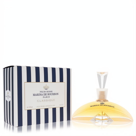 Elegant Marina De Bourbon 3.3 oz EDP spray in a unique fan-shaped bottle with a faceted cap and chic striped box.