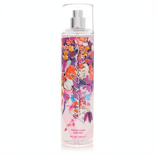 Mark & James Fresh & Floral 8 oz body mist. Clear bottle boasts vibrant multi-color floral design, silver pump.