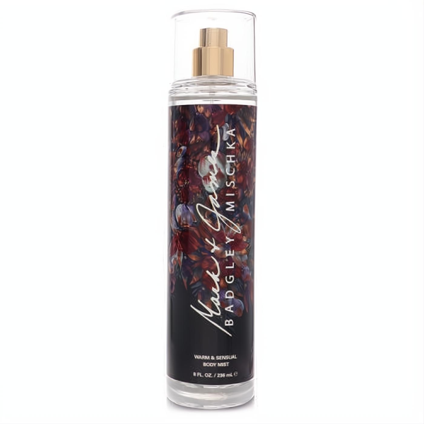 Mark & James Warm & Sensual 8 oz body mist. Clear bottle with luxurious dark floral label and elegant gold sprayer.