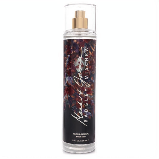Mark & James Warm & Sensual 8 oz body mist. Clear bottle with luxurious dark floral label and elegant gold sprayer.