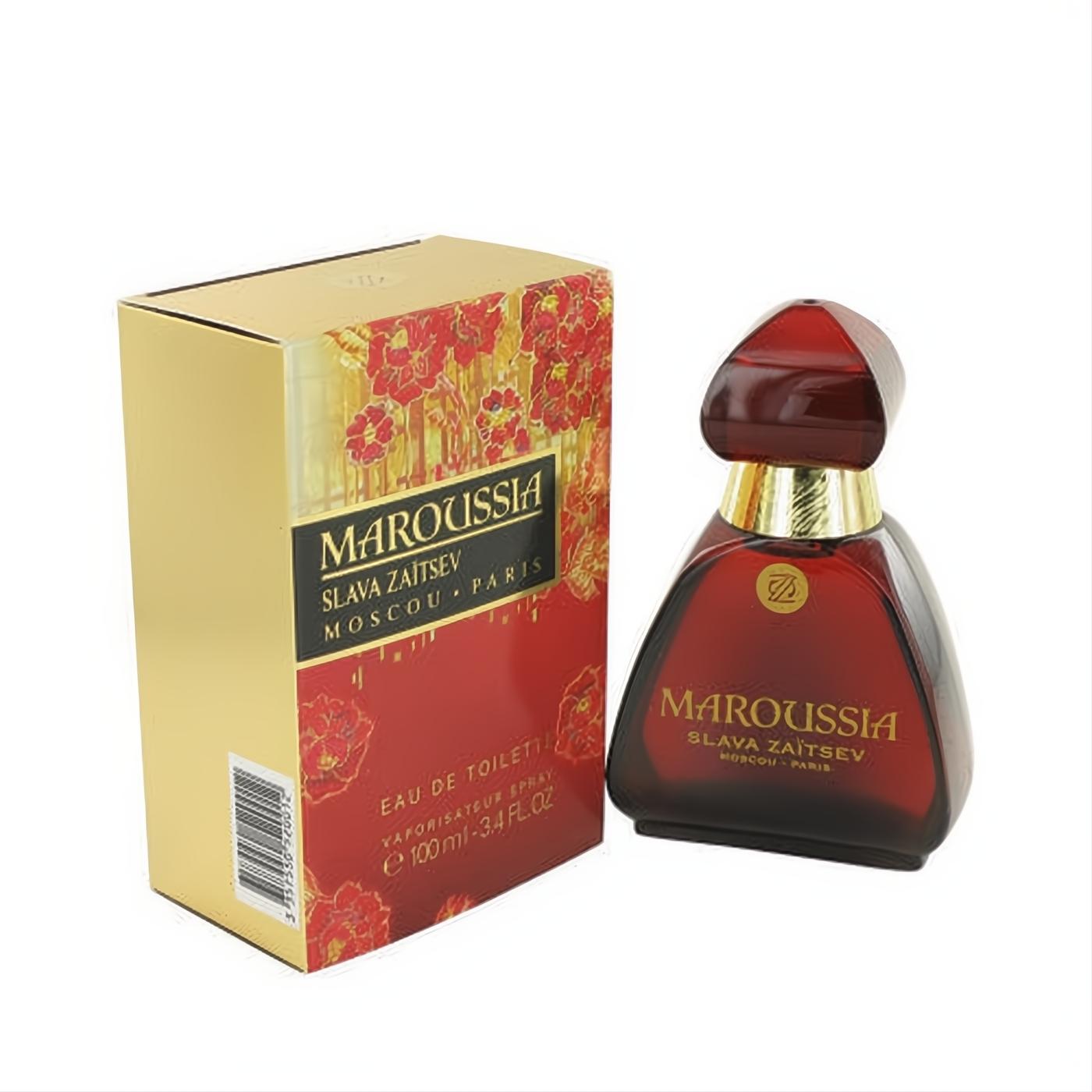 Captivating Maroussia by Slava Zaitsev 3.4 oz Eau De Toilette. Distinctive dark red bottle with gold accents and a luxurious floral gold box.