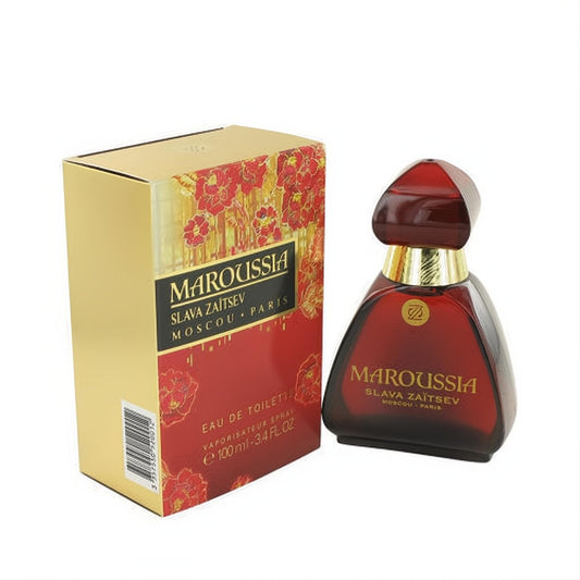 Captivating Maroussia by Slava Zaitsev 3.4 oz Eau De Toilette. Distinctive dark red bottle with gold accents and a luxurious floral gold box.
