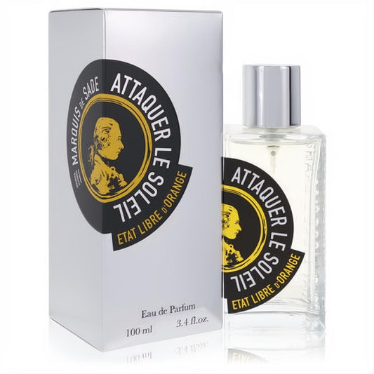 Marquis De Sade Attaquer Le Soleil 3.38 oz unisex EDP. Clear glass bottle, silver cap, bold black & gold label. Sleek silver box.