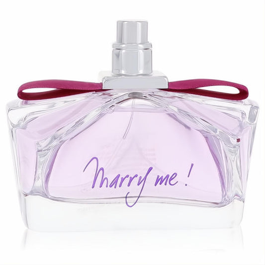 Elegant Marry Me by Lanvin Eau De Parfum tester. Clear glass bottle with light purple fragrance, silver cap, and chic fuchsia ribbon.
