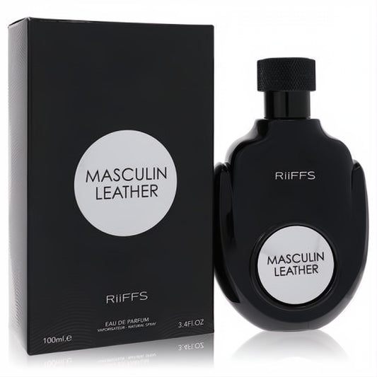 Sophisticated black Riiffs Masculin Leather 3.4 oz EDP spray bottle and matching box. Elevate your presence with this bold men's fragrance.