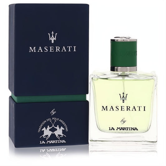 Maserati La Martina 3.4 oz men's EDT spray. Clear glass bottle with light yellow liquid, green cap, and silver sprayer, presented with its navy blue branded box.