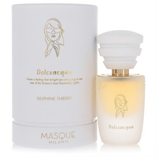 Chic Masque Milano Dolceacqua 1.18 oz EDP spray. Frosted bottle & white box with elegant gold woman's silhouette design.