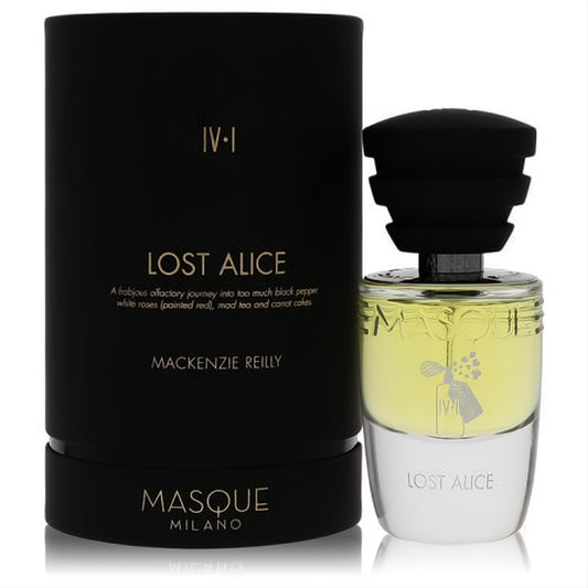 Experience Lost Alice 1.18 oz EDP. Elegant black cylindrical box, clear and frosted glass bottle with golden fragrance and distinctive black sculpted cap.