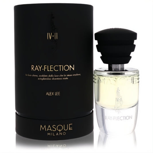Masque Milano Ray-Flection 1.18 oz Men's Eau De Parfum. Elegant clear glass bottle, black ribbed cap, luxurious black & gold packaging.