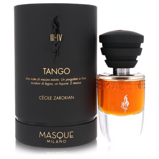 Luxurious Masque Milano Tango unisex EDP spray, 1.18 oz, with warm amber liquid, elegant black ribbed cap, and matching black & gold box.