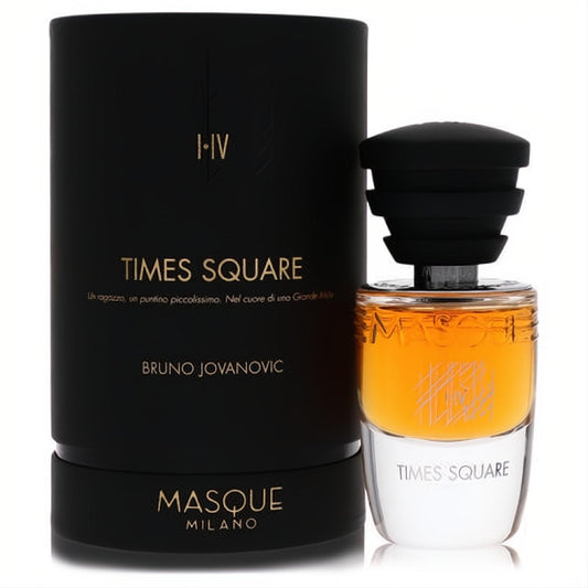 Masque Milano Times Square 1.18 oz unisex EDP. Distinctive amber & white bottle, black tiered cap, beside its matte black cylindrical box with gold text.