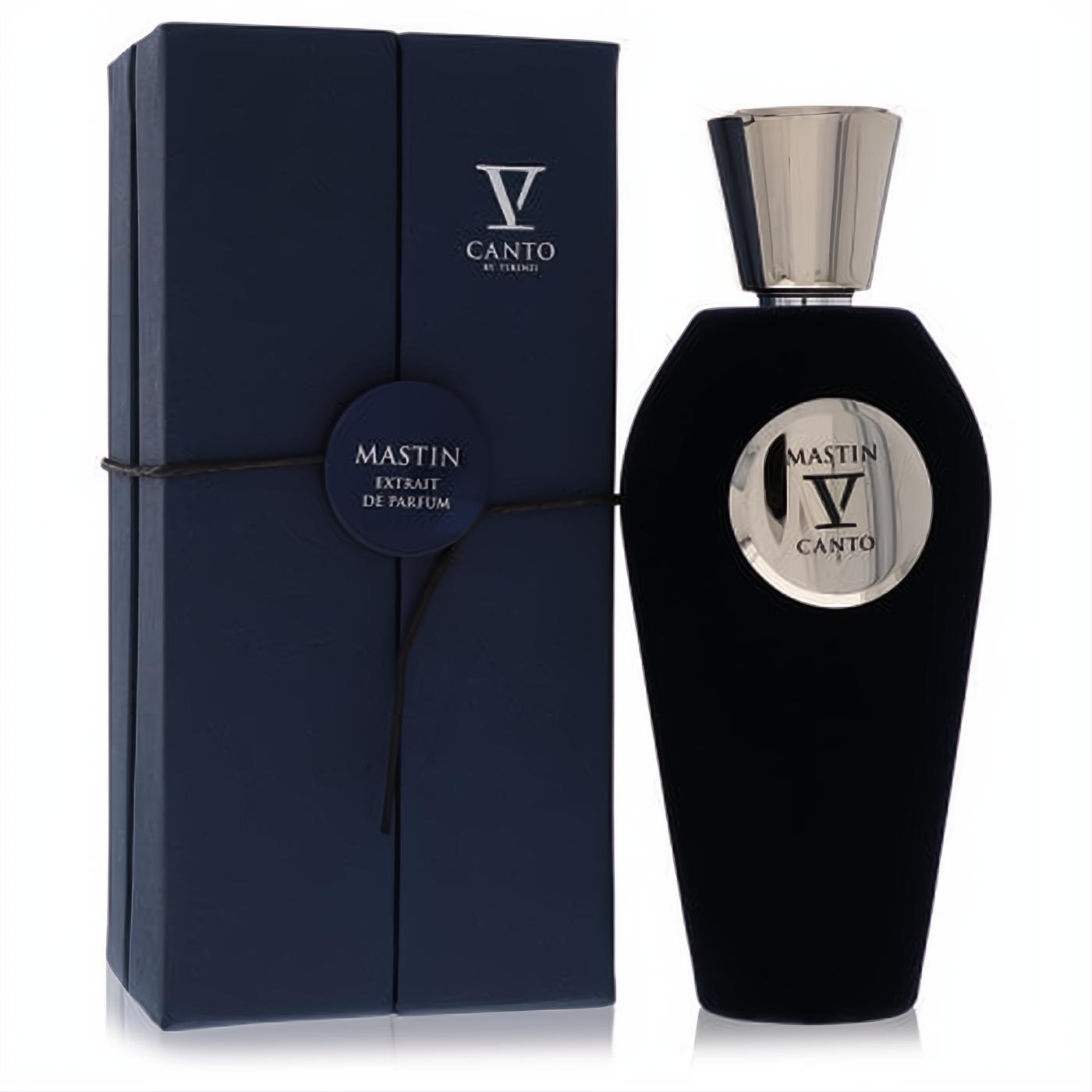 Luxurious V Canto Mastin V 3.38 oz unisex extrait de parfum. Features a black velvet bottle, silver cap, and elegant dark blue box.