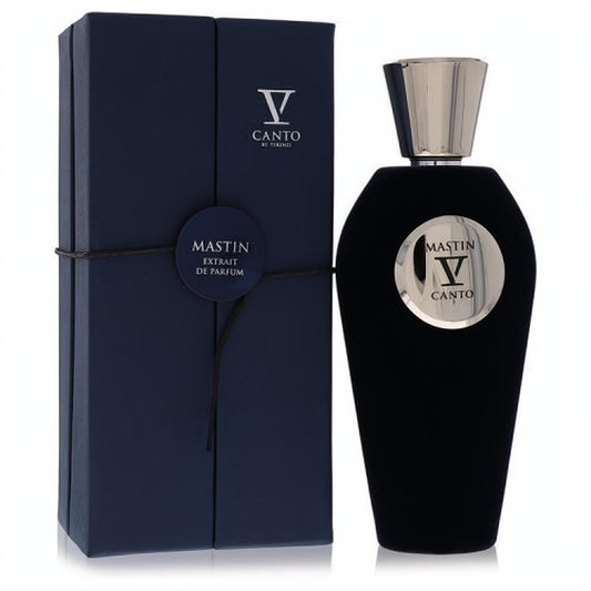 Luxurious V Canto Mastin V 3.38 oz unisex extrait de parfum. Features a black velvet bottle, silver cap, and elegant dark blue box.