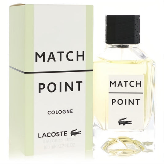 Lacoste Match Point Eau De Toilette for men. Clear 3.4 oz bottle with black cap and modern green-white box.