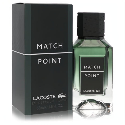 Lacoste Match Point 1.6 oz men's EDP. Modern clear glass bottle with refreshing green liquid, black textured cap, and sleek dark green box.