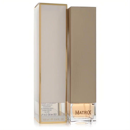 Matrix 3.4 oz Eau De Parfum spray. Elegant clear glass bottle with a sleek gold cap, presented in its luxurious white and gold box.