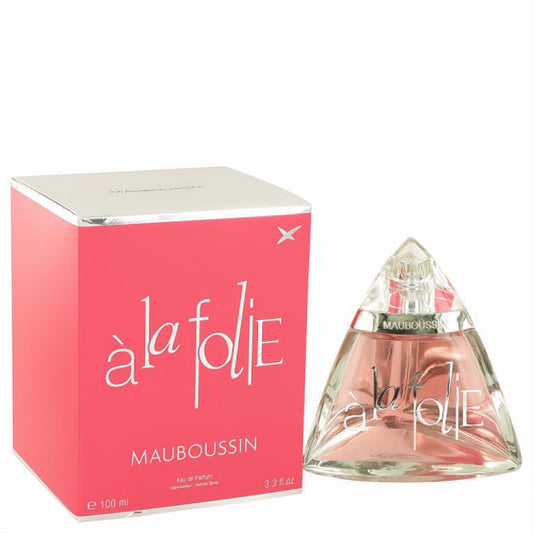 Mauboussin A La Folie 3.3 oz Eau De Parfum. Distinctive pink triangular bottle and elegant coral box.