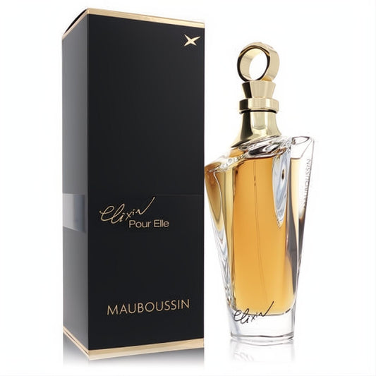 Mauboussin L'Elixir Pour Elle 3.4 oz EDP. Stunning amber perfume in a unique twisted glass bottle with gold accents and a sleek black box.