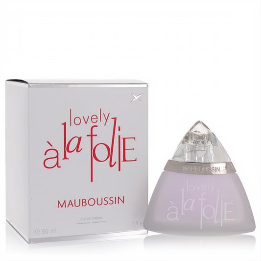 Mauboussin Lovely A La Folie 1.7 oz EDP. Frosted lavender triangular bottle with clear cap and elegant white box.