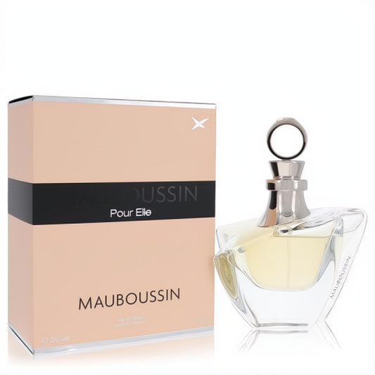 Elegant Mauboussin Pour Elle 1.7 oz EDP in a unique clear glass bottle with a silver ring cap, beside its chic peach and black box.