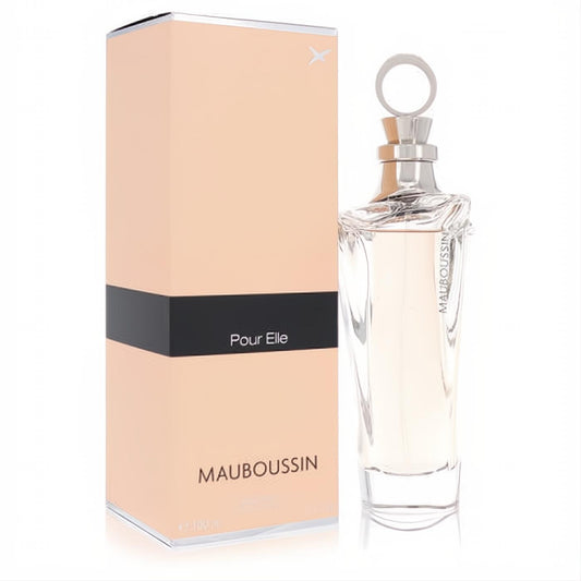Elegant Mauboussin Pour Elle 3.3 oz EDP. Clear sculpted glass bottle with silver ring cap, beside its chic peach and black box.