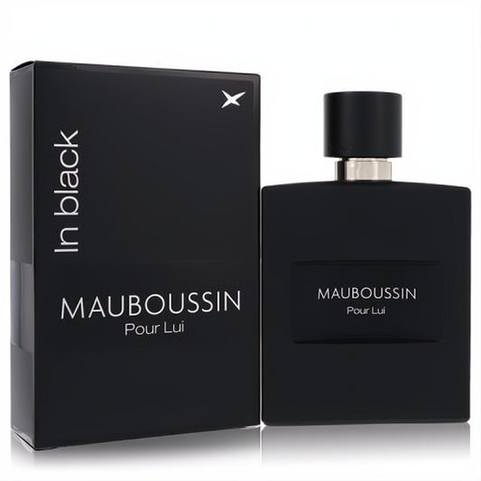 Elegant Mauboussin Pour Lui In Black men's Eau De Parfum. Sleek matte black bottle with silver neck detail and matching luxury packaging.