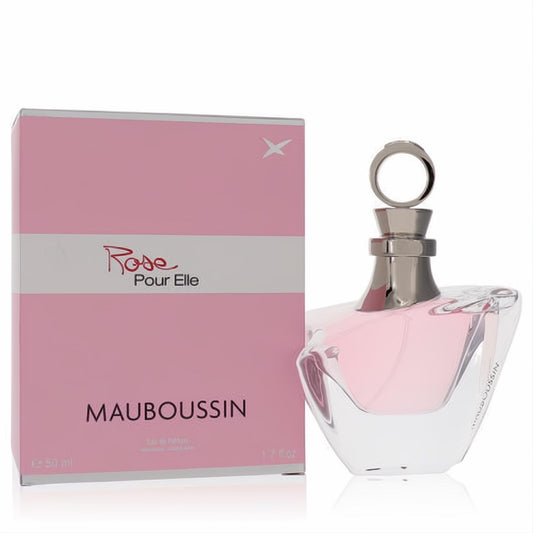 Luxurious Mauboussin Rose Pour Elle 1.7 oz EDP. Elegant pink fragrance in a unique clear glass bottle with a silver ring cap, beside its chic pink box.