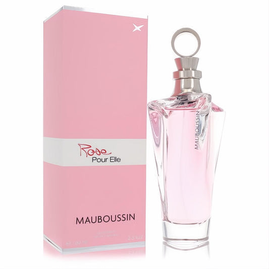 Mauboussin Rose Pour Elle 3.4 oz EDP. Elegant clear glass bottle with soft pink fragrance, unique silver ring cap, and matching pink box.