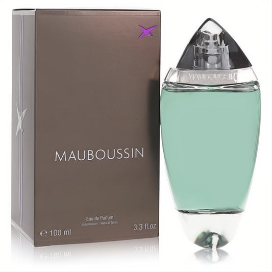 Mauboussin Eau De Parfum 100ml, a unique clear bottle with refreshing aqua liquid and dark faceted cap, beside its elegant bronze box.