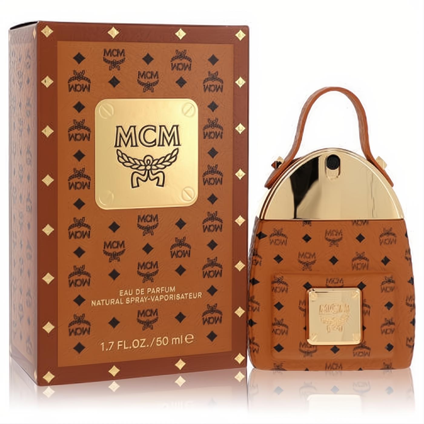 Experience MCM Eau De Parfum 1.7 oz. Iconic brown Visetos monogram bottle shaped like a mini handbag with gold accents and matching box.