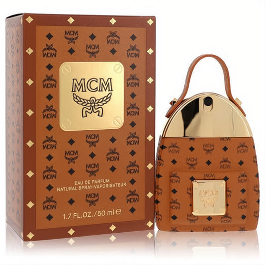 Experience MCM Eau De Parfum 1.7 oz. Iconic brown Visetos monogram bottle shaped like a mini handbag with gold accents and matching box.