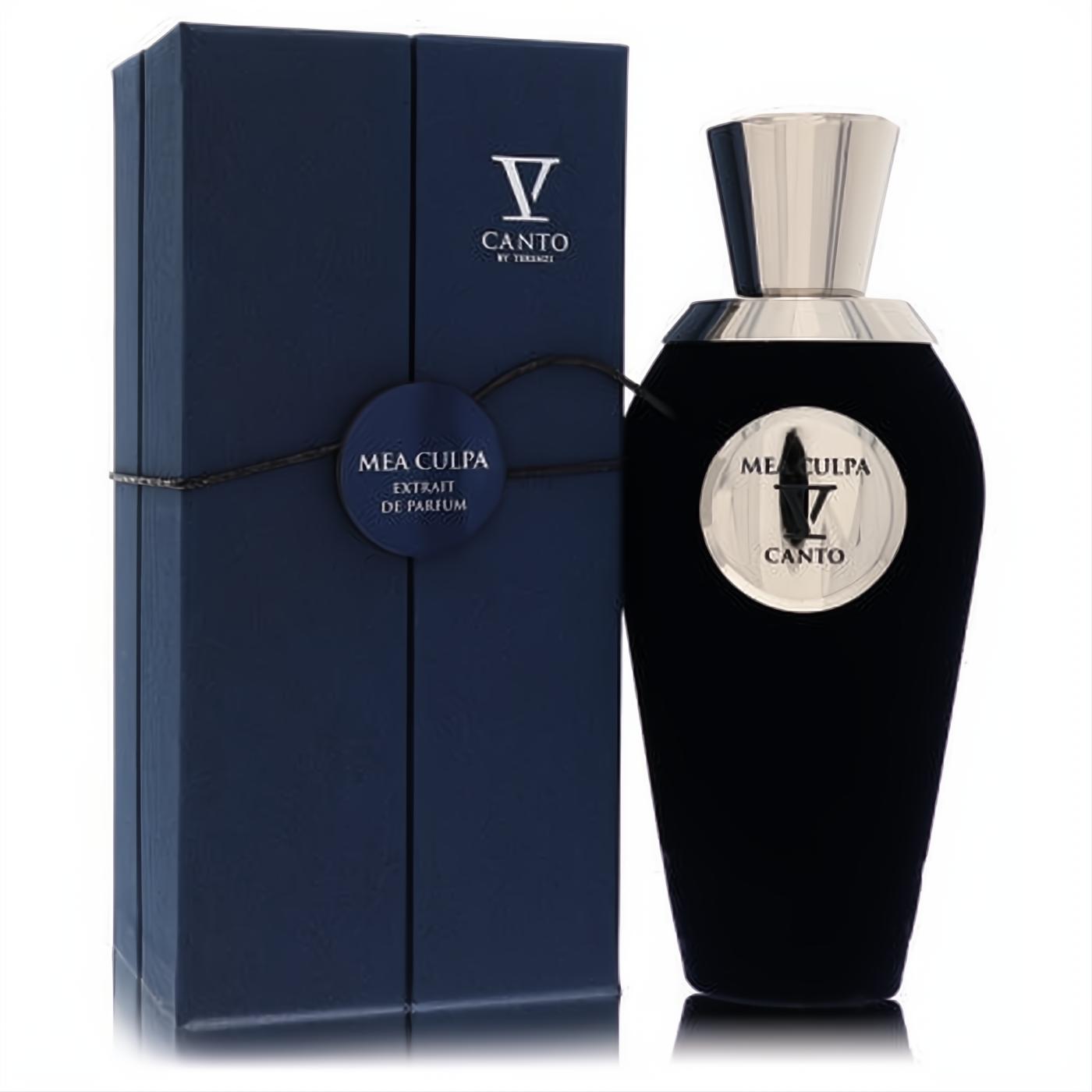 Elegant Mea Culpa V Canto Extrait De Parfum: a unique black velvet bottle with a sleek silver cap, beside its navy box.