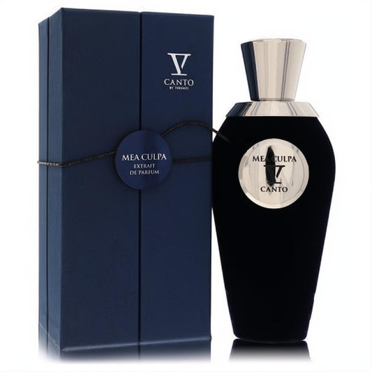 Elegant Mea Culpa V Canto Extrait De Parfum: a unique black velvet bottle with a sleek silver cap, beside its navy box.