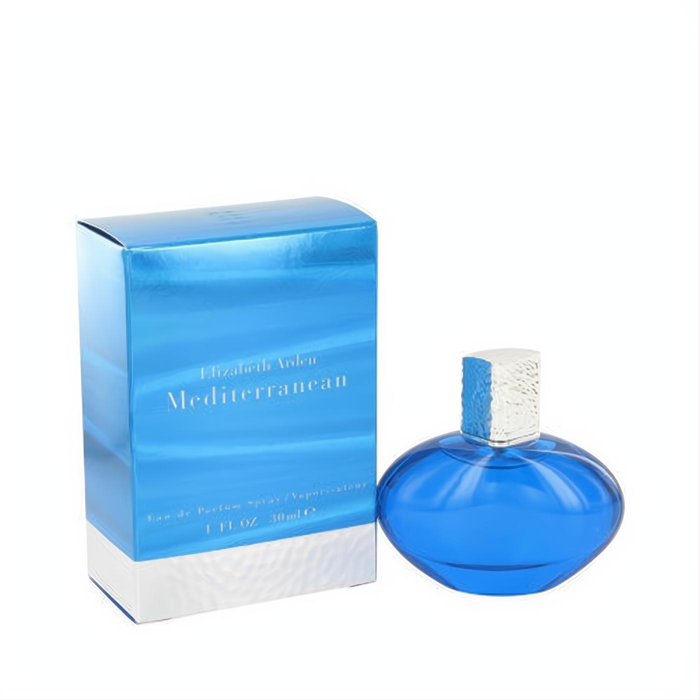 Elizabeth Arden Mediterranean 1 oz EDP spray. Vibrant blue glass bottle with textured silver cap and matching wave box.