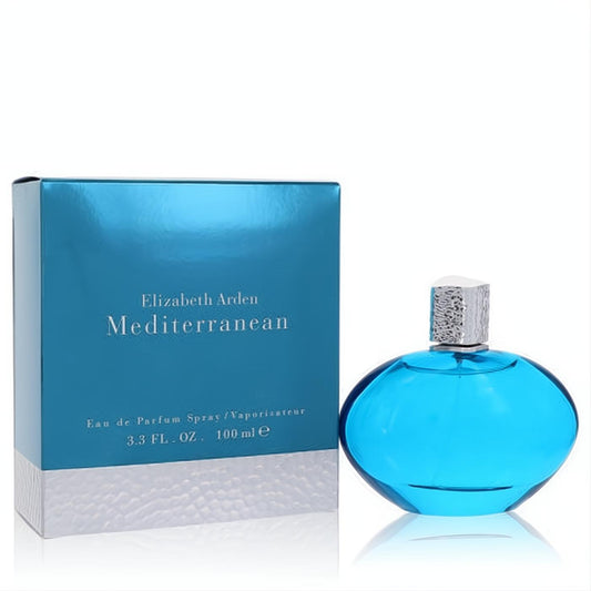Elizabeth Arden Mediterranean Eau De Parfum spray. Elegant 3.3 oz round blue glass bottle and vibrant metallic blue box.