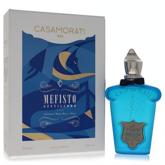 Mefisto Gentiluomo 3.4 oz men's EDP: elegant aqua bottle, silver cap, and ornate blue & gold box.