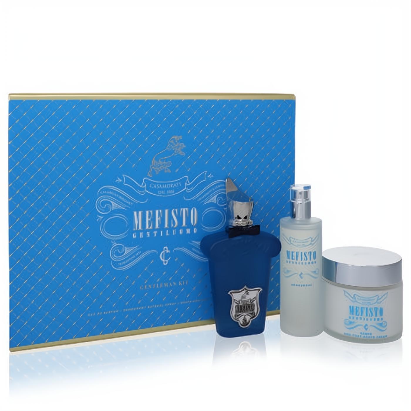 Elegant Xerjoff Mefisto Gentiluomo men's gift set: distinctive blue EDP, frosted deodorant, shave cream, and ornate blue box.
