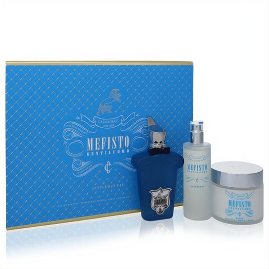 Elegant Xerjoff Mefisto Gentiluomo men's gift set: distinctive blue EDP, frosted deodorant, shave cream, and ornate blue box.